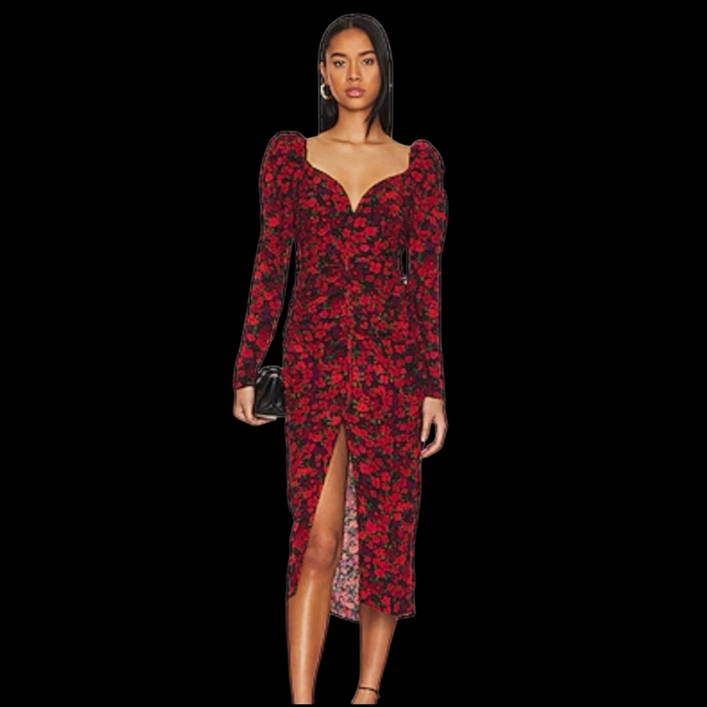 ASTR The Label Jamila Puff Sleeve Ruched Floral Midi-dress NWOT